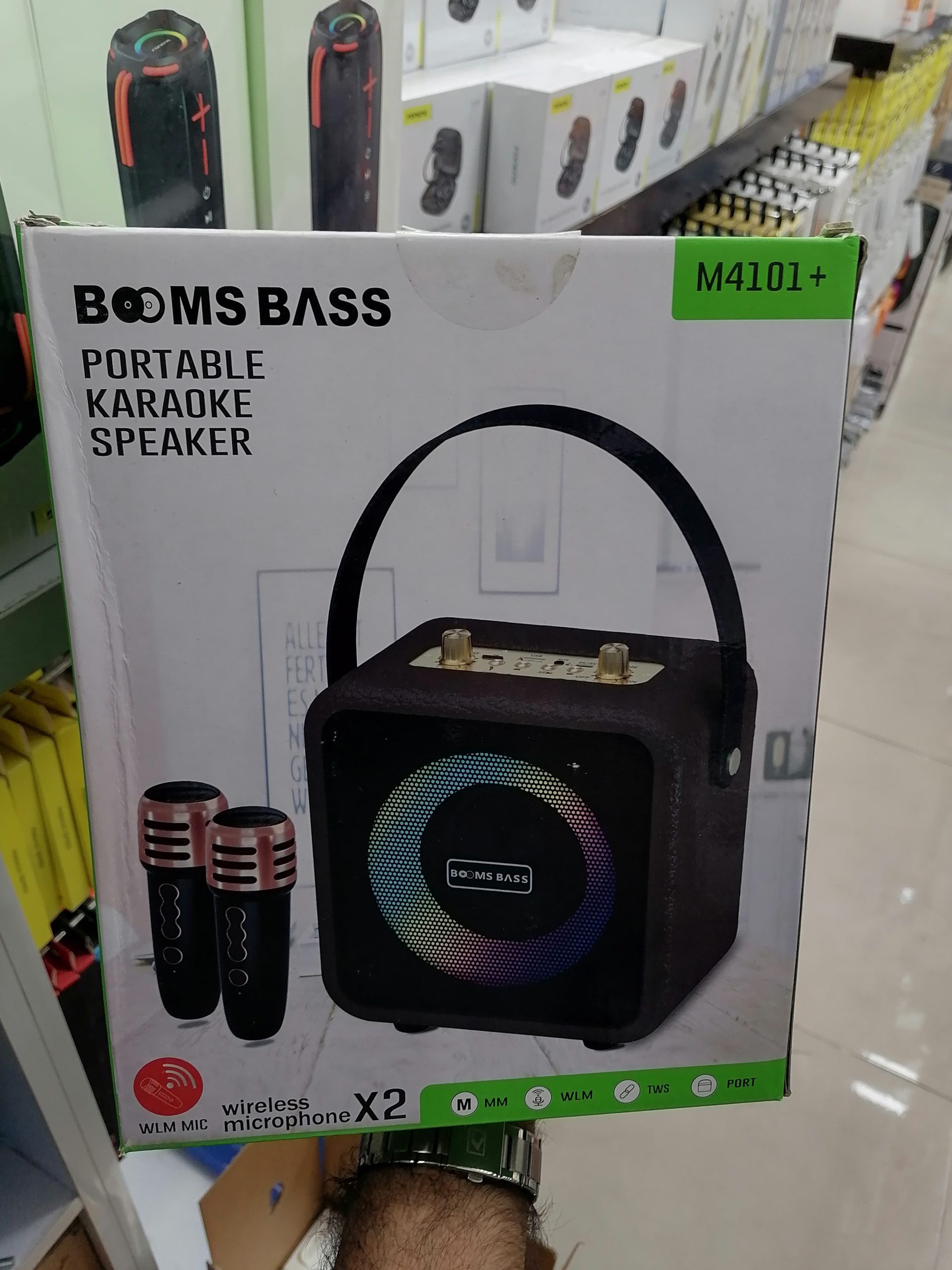 اسپیکر پرتابل کارائوکه اورجینال BOOMS BASS مدل M4101 با ۲ میکروفون بی‌سیم و نورپردازی |اورجینال(عمده و تک)